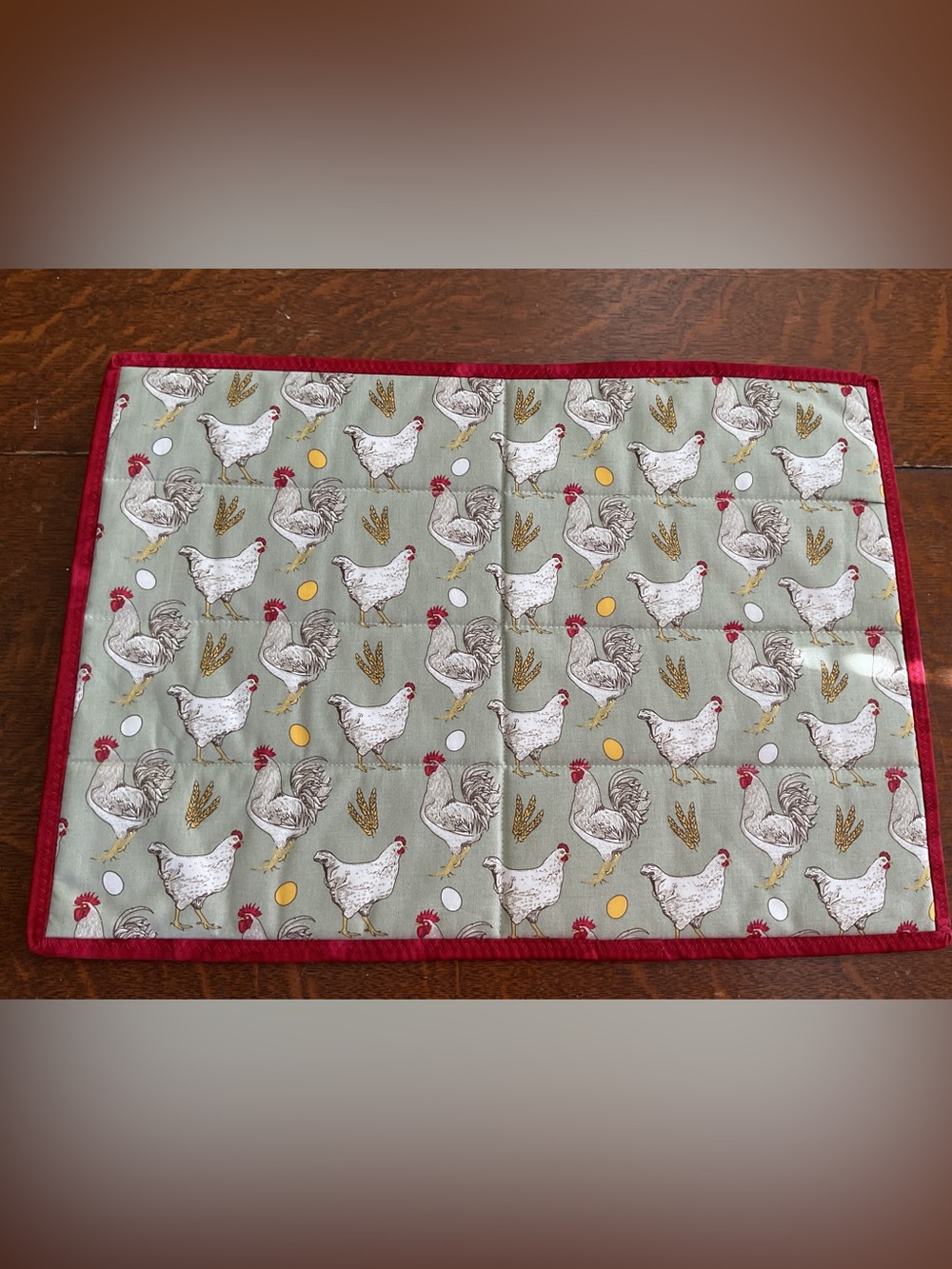 Handmade Quilted Large Hot Pad - Farmhouse Chicken Print with Red Trim